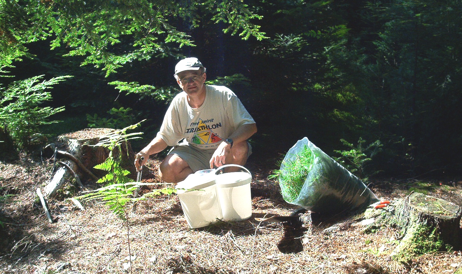 Steve Sheppard sampling vegetation and soils in Nova Scotia.